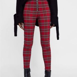 Zara Red Plaid Skinny High-Rise Pants